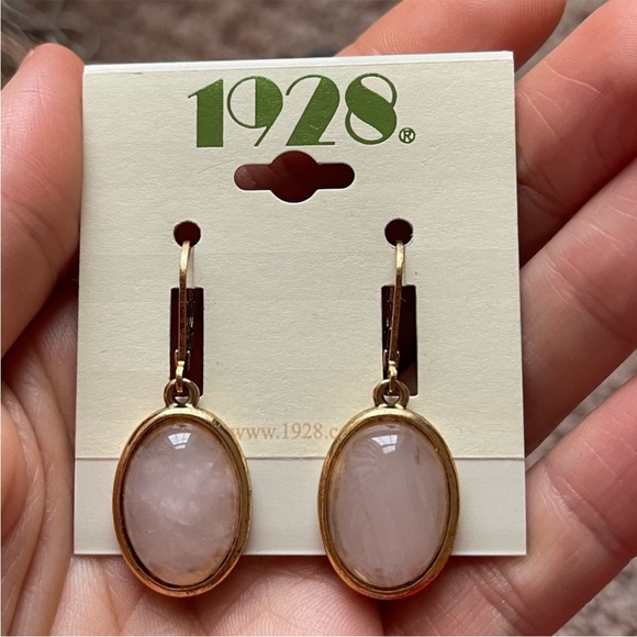 1928 14k Gold Dipped Semi Precious Rose Quartz Pink Oval Earrings NWT - Picture 3 of 4